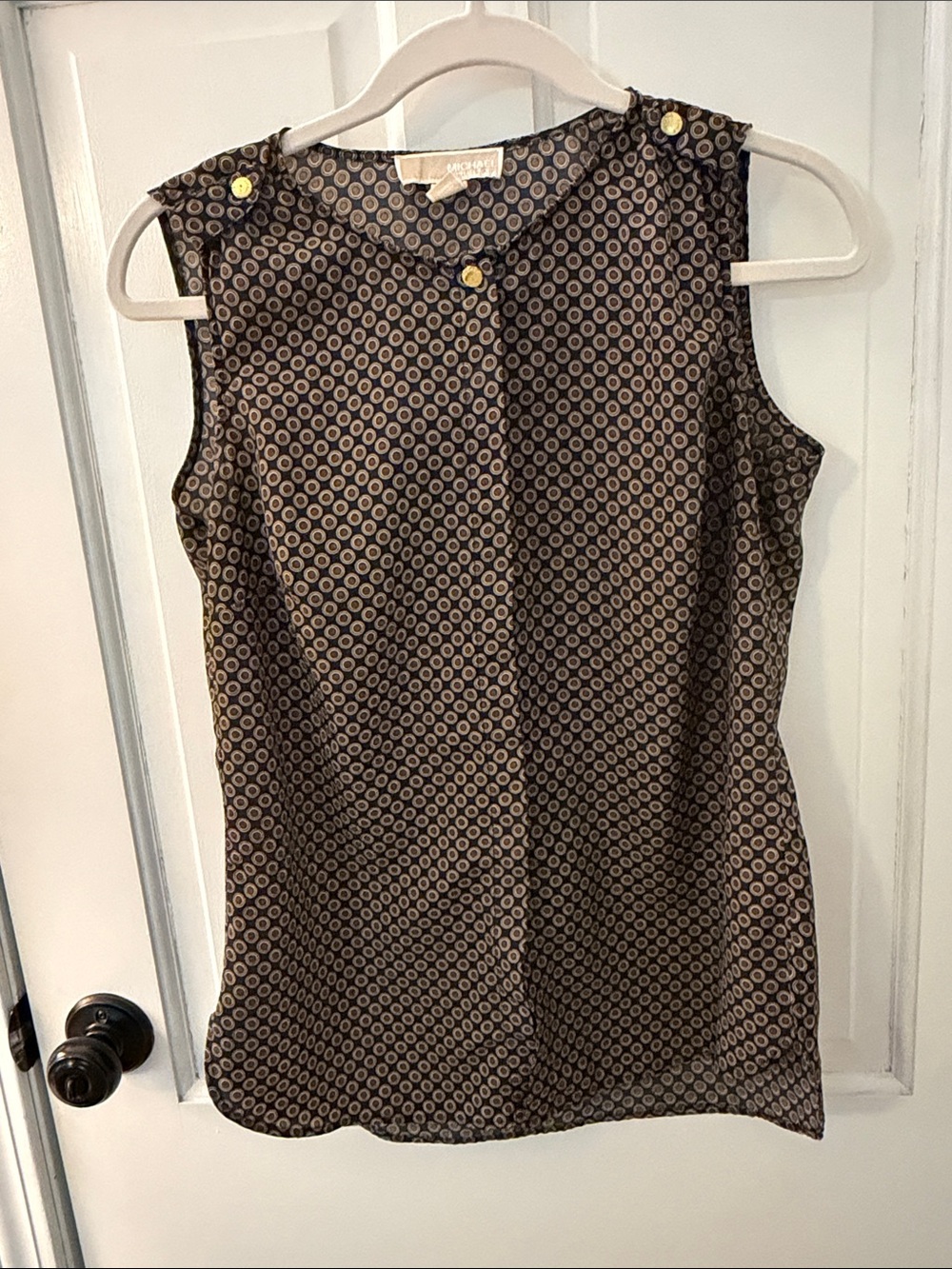 Michael Kors sleeveless button up blouse gold buttons, navy office lightweight